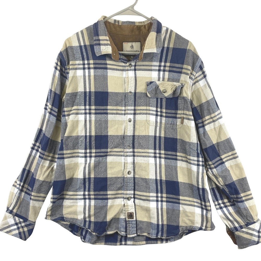 Legendary Whitetails Buck Camp Plaid Flannel Shirt Mens XL Blue Brown Casual